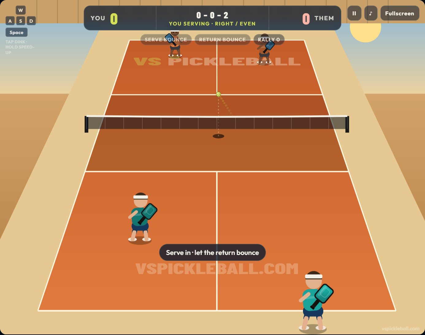 Doubles match on a clay-coloured court: four players, the near pair serving at 0–0–2