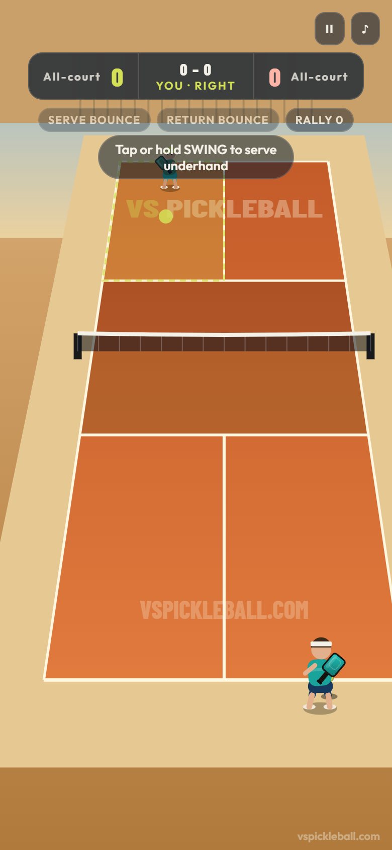 The game on a phone: portrait court with the far side tilted upward, a left-hand stick and a SWING button