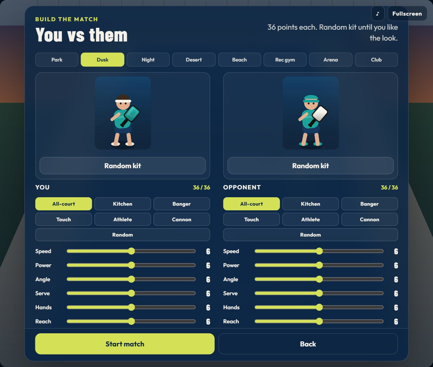 The Build the match screen: venue chips, two player kits, six stat sliders each, and a Start match button