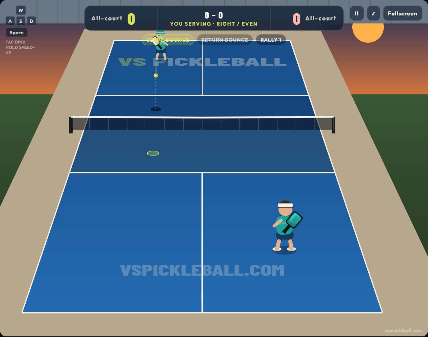 The game score bar showing 0–0, YOU SERVING, RIGHT / EVEN, and a rally in progress