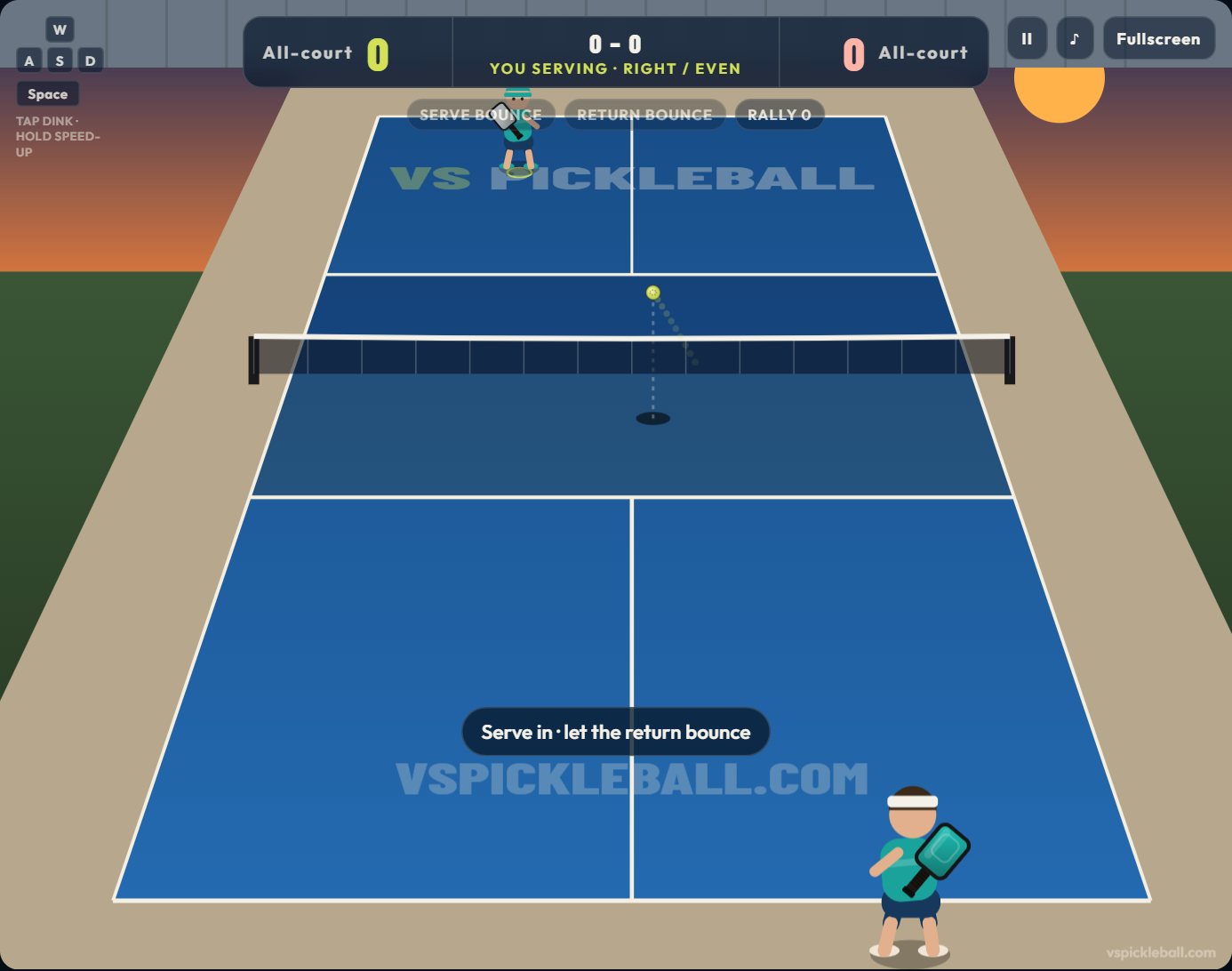 Singles match in the VS Pickleball browser game: the score bar reads 0–0, you serving from the right, with the ball in the air over a blue court